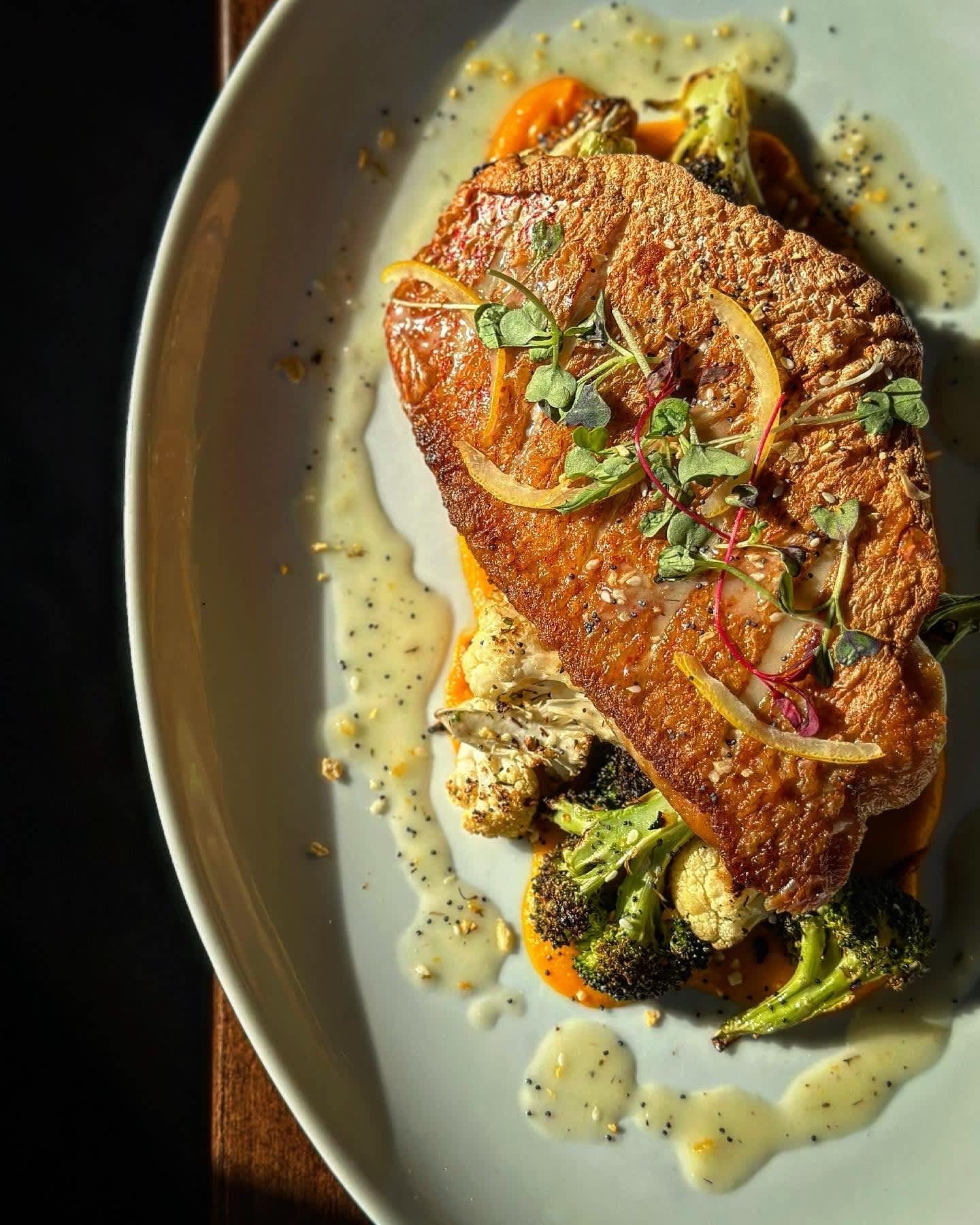 Spring Menus Are Here!

FEATURING
Pan Roasted Red Snapper 
Whipped Heirloom Carrot, Charred Broccoli & Cauliflower, "Everything Bagel Spice", Preserved Lemon Vinaigrette